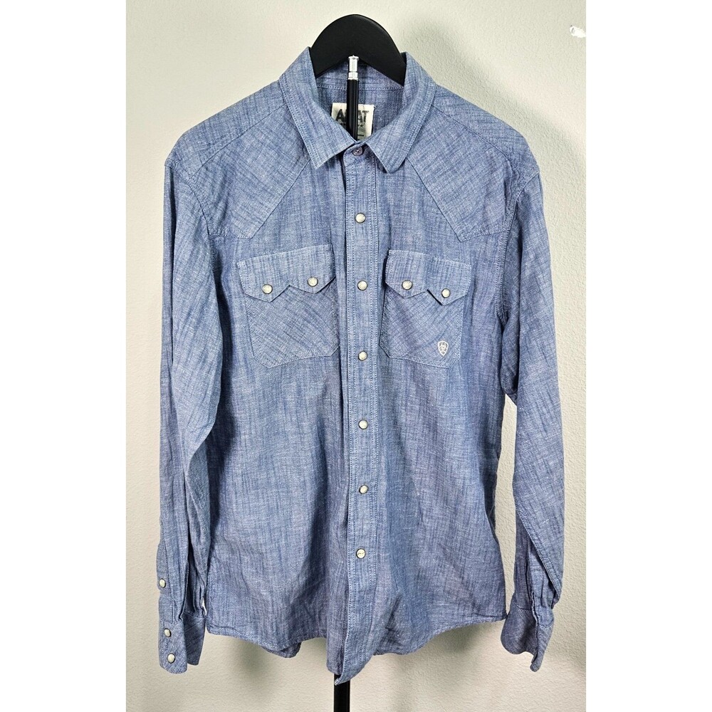 Ariat Womens L Blue Chambray Western Snap Shirt Long Sleeve Cotton Cowgirl